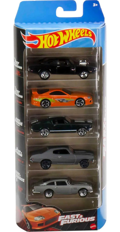Hot Wheels Toy Cars 5-Pack Set of 5 Fast & Furious Race & Drift Cars in 1:64 Scale with Exclusive Decos (Styles May Vary)