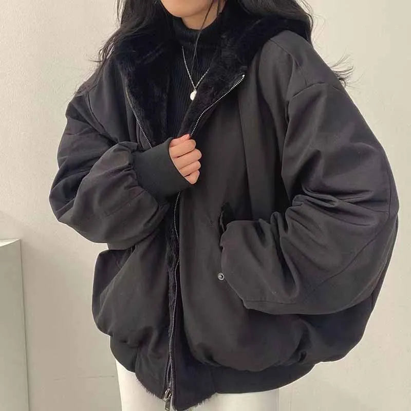 Lucyever Two-Sided Wear Fleece Warm Jacket Women Autumn Winter New Zipper Hooded Parkas Coat Female Loose Thick Thermal Outwear