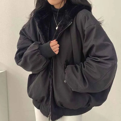 Lucyever Two-Sided Wear Fleece Warm Jacket Women Autumn Winter New Zipper Hooded Parkas Coat Female Loose Thick Thermal Outwear
