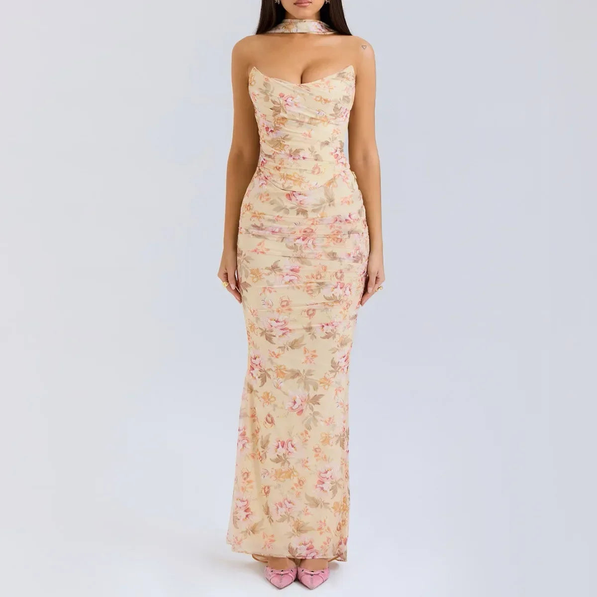 BWQ Elegant 2 Pieces Dress Set with Scarf Women Fashion Matching Sets Sexy Cropped Top and Long Dress Set Casual Dress 2026