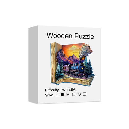 Wooden Puzzle for Adults - the Train in the Book Puzzle, Unique Shape Wooden Jigsaw Puzzles, Modern Art Home Decor