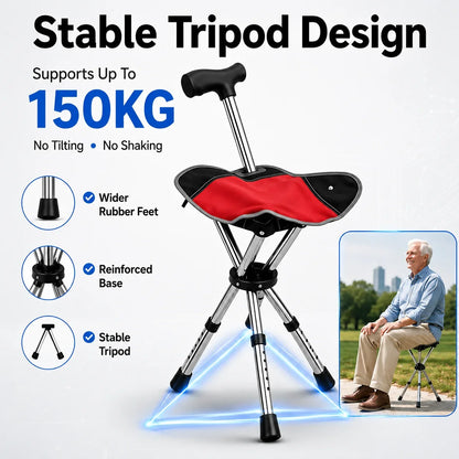 2-in-1 Folding Cane with Seat, Adjustable Walking Stick Chair for Seniors, Portable Non-Slip Cane Stool for Travel and Camping