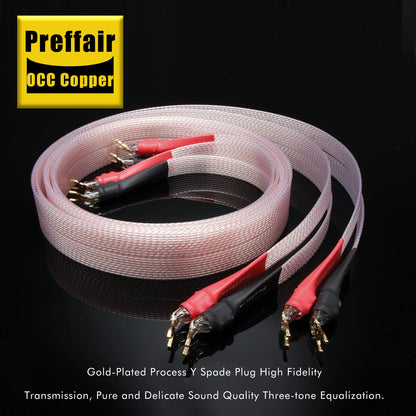 Hifi OCC Speaker Cable Flat Belt Speaker Cable with 90 Degree Banana Y Plugs Cable for Speaker Amplifier