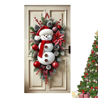Winter Snowman Christmas Wreath Door Decoration Hanging Door Banner Winter Cute Outdoor Snowman Backdrop Christmas Decoration