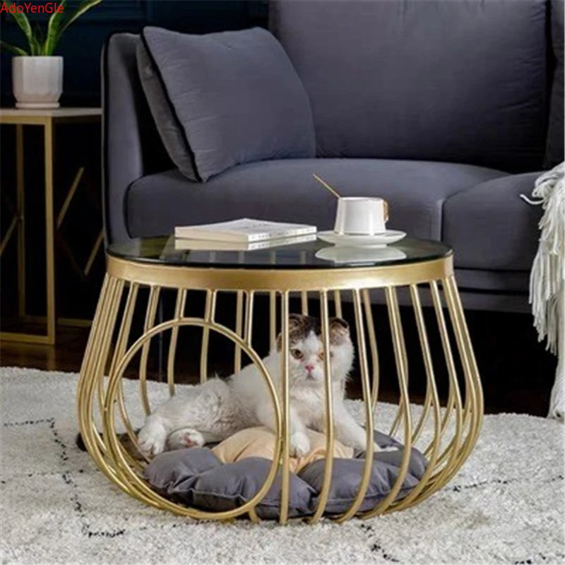 D60cm Creative Nordic Iron Tea Table Round Coffee Table for Living Room Furniture Bed Side Table Rock Plate Tables Cat House Bed
