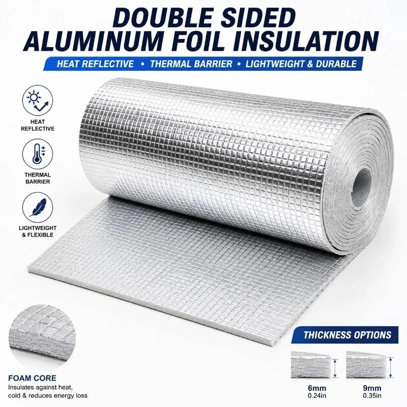 6/9mm Double Sided Aluminum Foil Foam Insulation Roll 50x200cm Heat Reflective Thermal Barrier for Car RV Roof Wall Garage Door