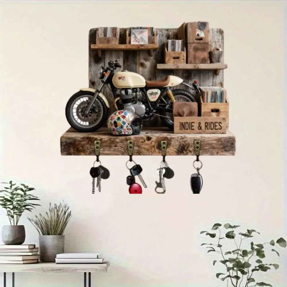 2D Retro Motorcycle Display - Wooden Key Holder with Four Metal Hooks, Home, Living Room, Room, Wall, Porch, Garage Decoration