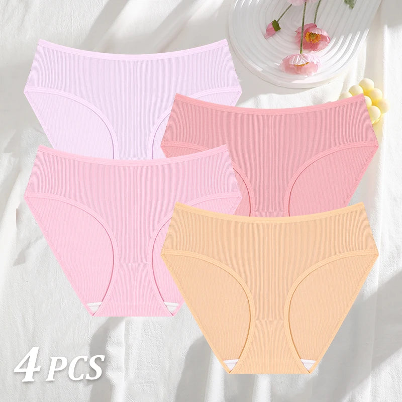 4PCS/SET Striped Ribbed Panties Set Women Mid Waist Breathable High Elastic Comfortable Sports Briefs Solid Color Daily Lingerie