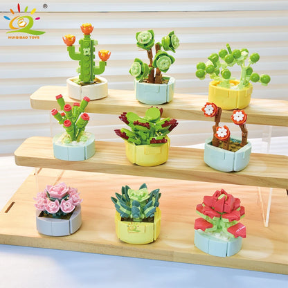 HUIQIBAO MOC Flower Succulent Potted Model Building Block DIY Eternal Bouquet Home Desk Plant Decor Brick Girl Gift Children Toy
