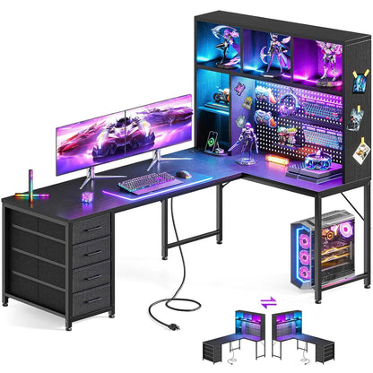 #63" L Shaped Gaming Desk with Hutch, Storage & Shelves, L Shaped Desk with 4 Drawers, Inserted LED Light Strip &, Customized