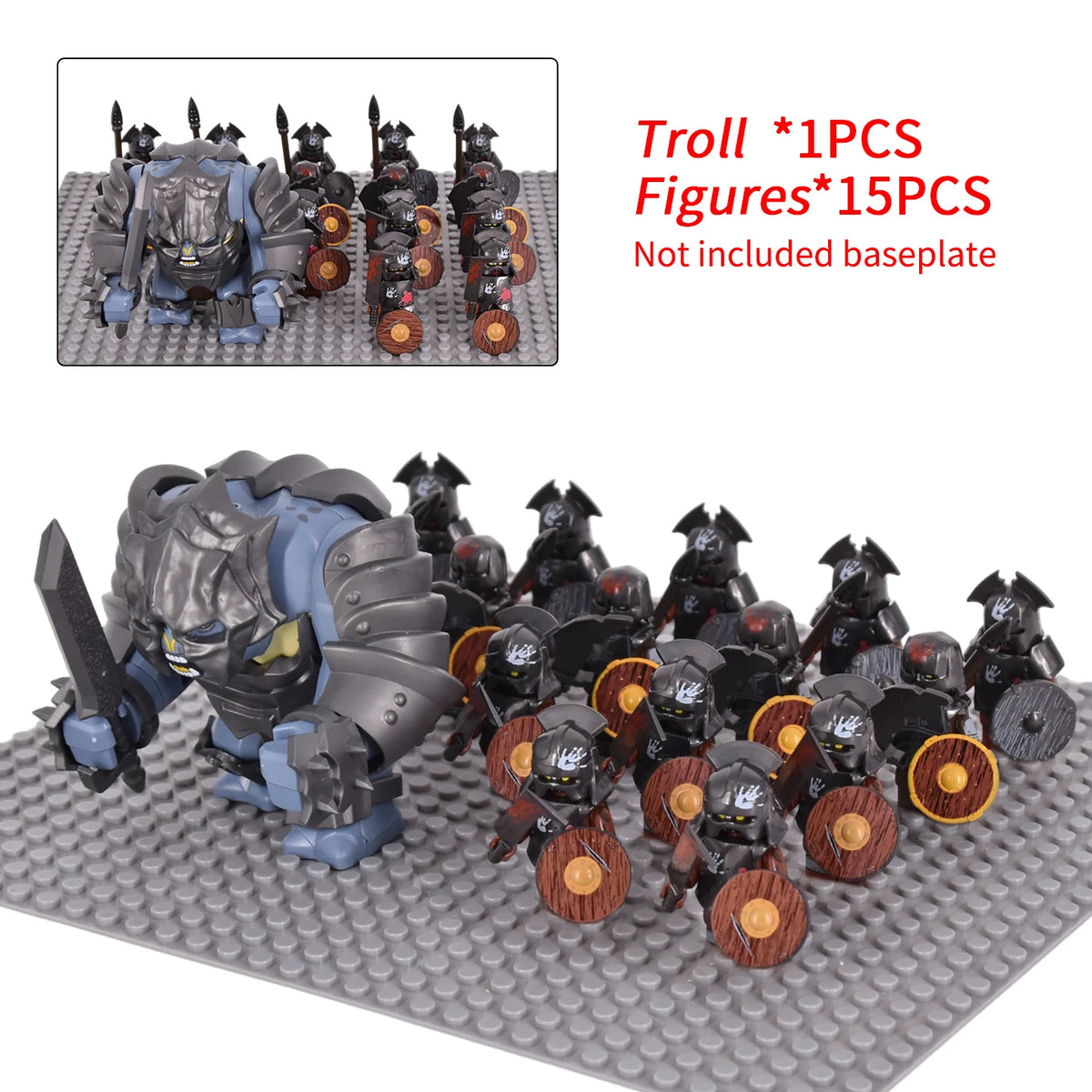 Orc Warrior Block Figures Set, Giant Troll Monster + 20Pcs Armored Soldier Models, Fantasy Army Building Bricks, Detailed Armor