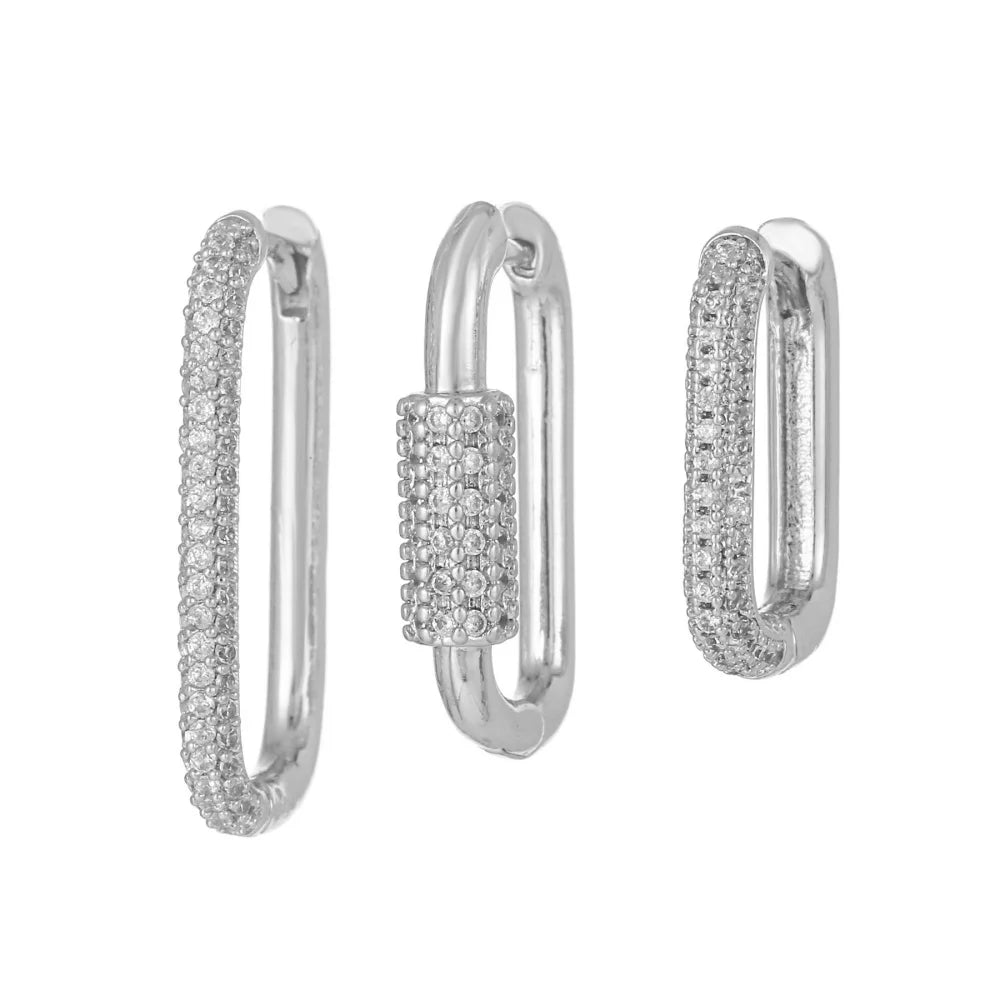 14K Gold-Plated Rectangular Zircon Earrings for Women Fashion High-Quality Geometric Three-Piece Earring Set Jewelry Accessories