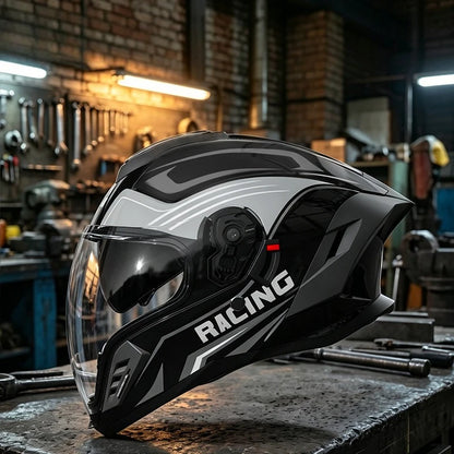New Motorcycle Dual Lens Exposed Face Helmet Men's and Women's Four Season Models Large Tail Wing Motorcycle Full Face Helmet