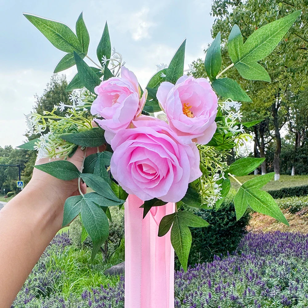 Artificial Wedding Car Flower Decorations, White Rose Car Mirror Decor, Car Accessory for Bridal Shower, Just Married,Party