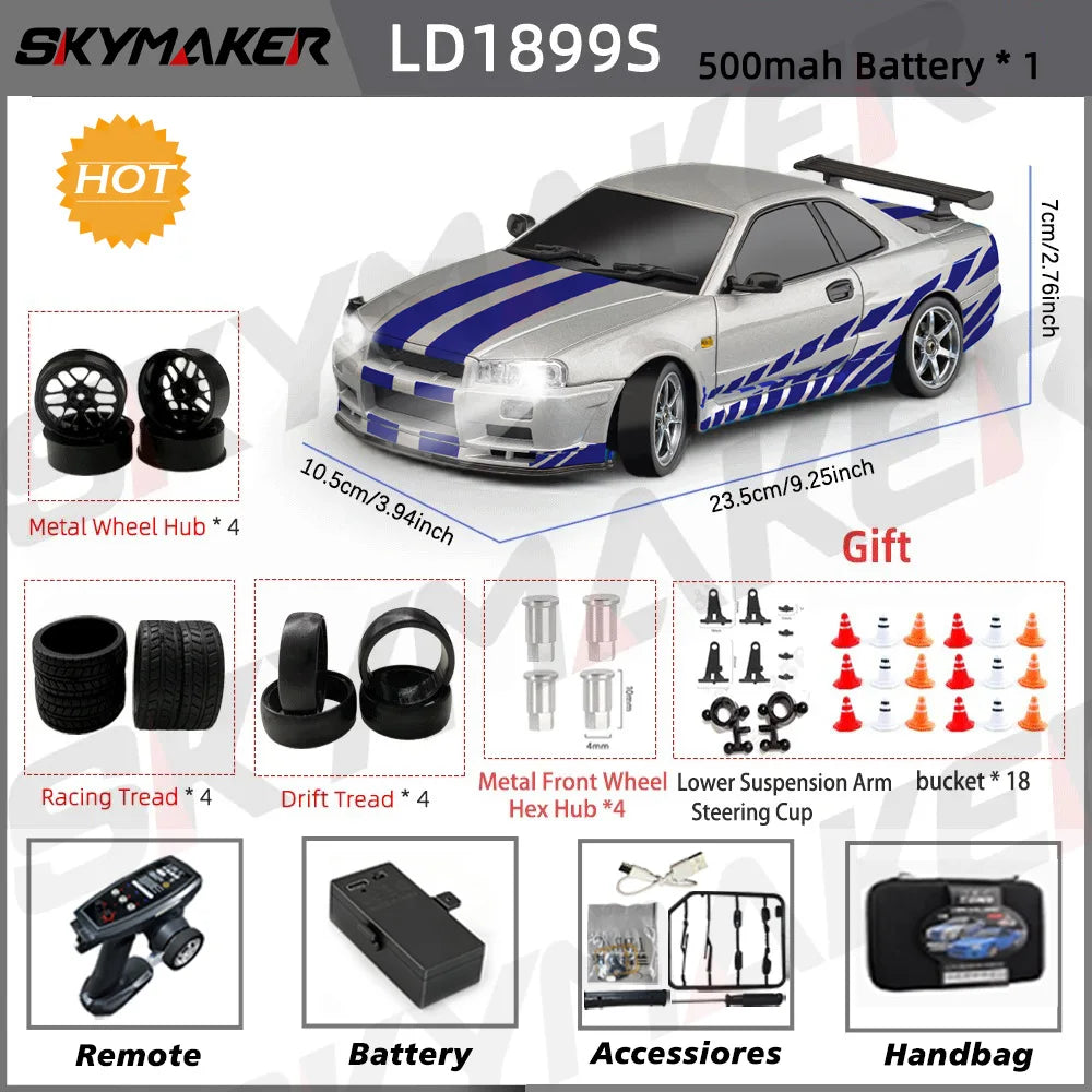Skymaker LDRC 1/18 RC Drift Car LD1899 GTR Mode R34 2.4GHz RWD with Gyroscope on-Road Alloy Body Shell Racing Car for Boys Gifts