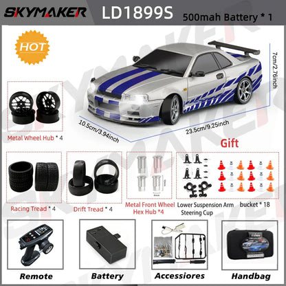 Skymaker LDRC 1/18 RC Drift Car LD1899 GTR Mode R34 2.4GHz RWD with Gyroscope on-Road Alloy Body Shell Racing Car for Boys Gifts