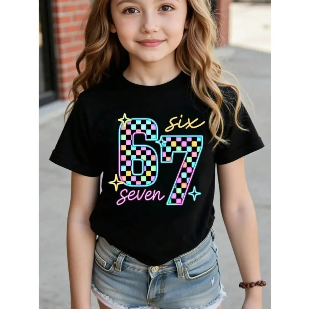 Children's 67 Christmas Elf Print Girls Short Sleeve Round Neck Tee Parties Casual Wear Comfort Children Clothes Girl Clothing
