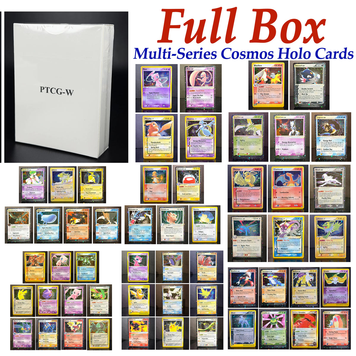 PTCG Full Box Cosmos Holo Multi-Series Meta Staple Charmander Mewtwo Infernape Gengar Blastoise Rayquaza Proxy Cards