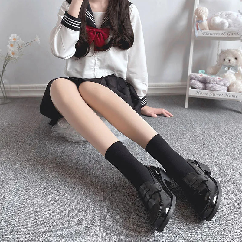 Solid Color Black White Long Socks Women Stockings JK Girls Thigh High Stockings Velvet Breathable Knee High Socks Stockings Sox