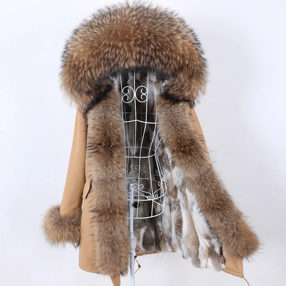 2026 Maomaokong Women's Winter Coats Rabbit Lining Jacket Natural Real Raccoon Fur Collar Parka Fox Fur Long Female Clothing