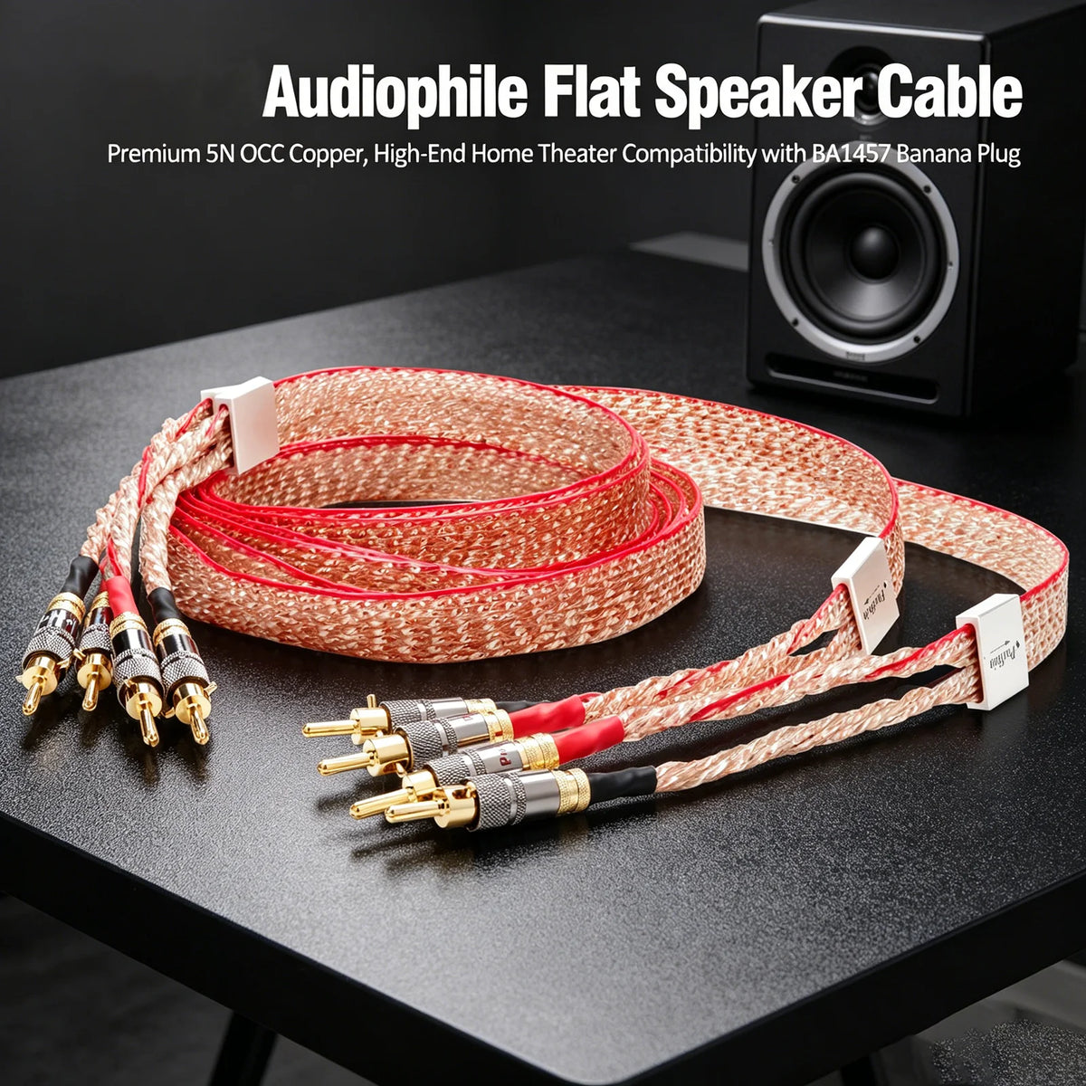 Hifi Flat Speaker Cable 5N OCC Copper Loudspeaker Wire Self-Locked Banana Plug Hifi Audio Cable With Foil Shield Home Cinema KTV