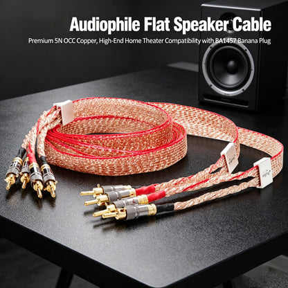 Hifi Flat Speaker Cable 5N OCC Copper Loudspeaker Wire Self-Locked Banana Plug Hifi Audio Cable With Foil Shield Home Cinema KTV