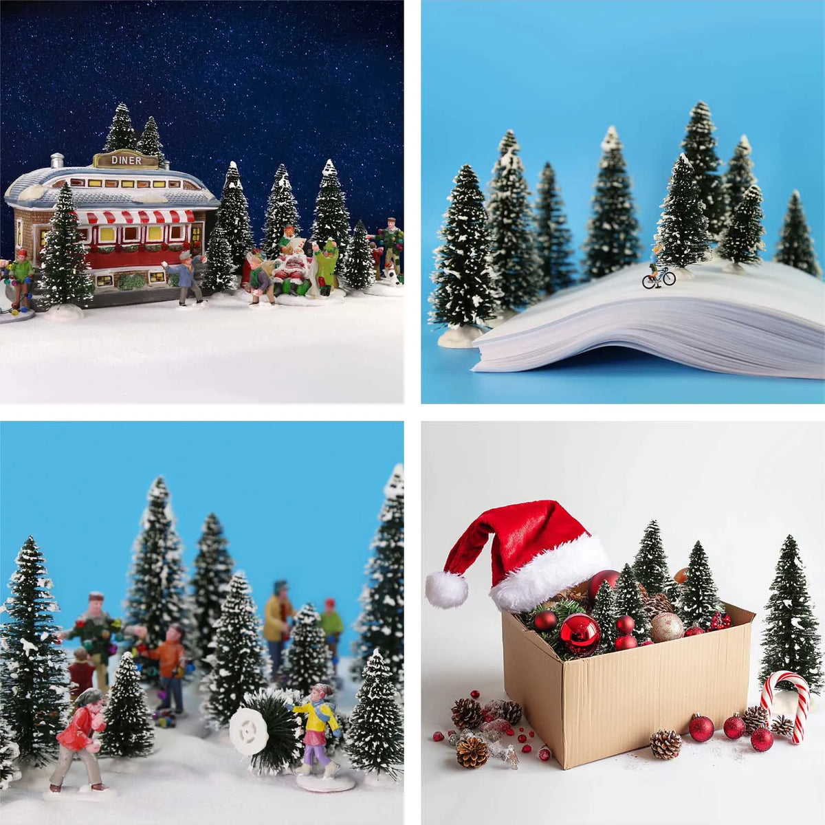 Evemodel 20pcs Snowy Pine Trees Miniature Christmas Trees Covered Snow with White Bases for Christmas Home Party Decor XS0804