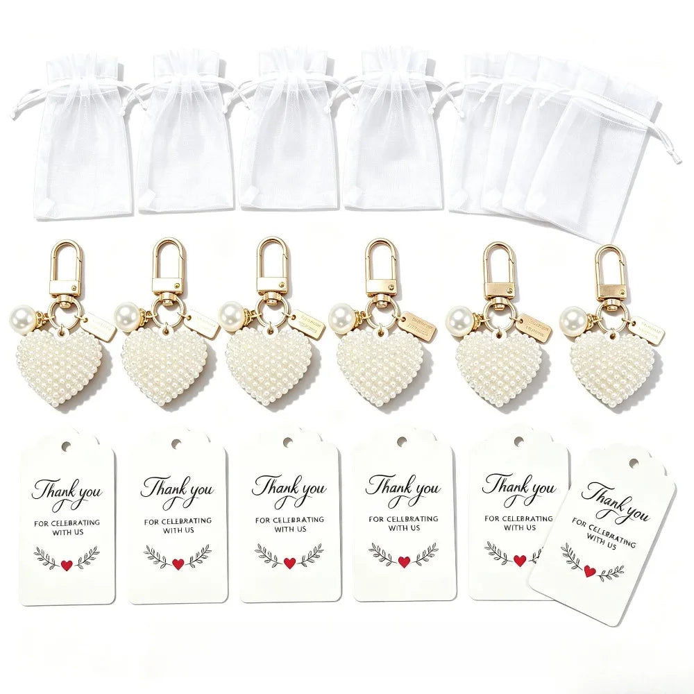 6-20 Sets Faux Pearl Heart Keychain Set, Love Charm Metal Key Rings with Gift Cards&Bags, Wedding Party Favors for Women