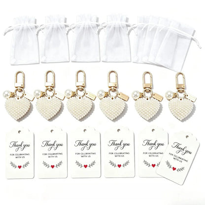 6-20 Sets Faux Pearl Heart Keychain Set, Love Charm Metal Key Rings with Gift Cards&Bags, Wedding Party Favors for Women
