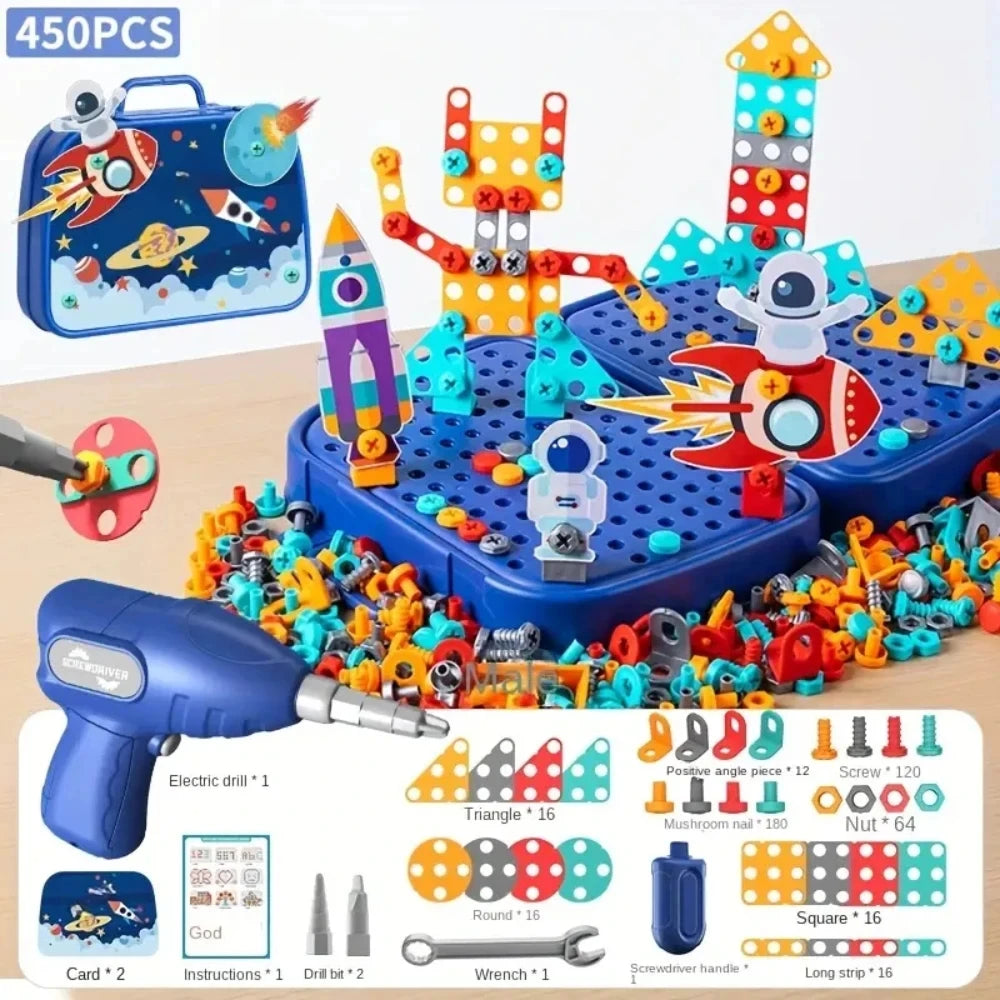 450Pcs Kids STEM Drill Set Creative Mosaic Puzzle Building Blocks Educational Engineering Kit with Screwdriver for Boys Girls
