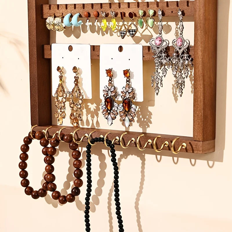 Multi-function Wooden Wall Hanging Rack, Jewelry Display Storage Holder & Key Hook for Home Entryway