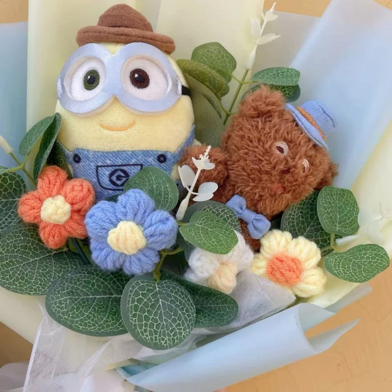 Genuine Amine Minions Plush Dolls With Sunflowers Roses Creative Bouquets Christmas Birthday Graduation Valentine Gifts