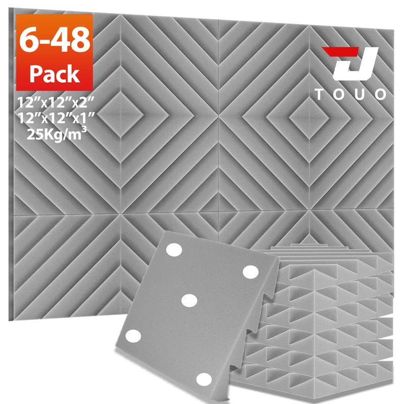 TOUO Acoustic Foam 6-48 Pcs Offices Acoustic Treatment Diamond Groove Foams Panels High-Density Sound Absorbing Material