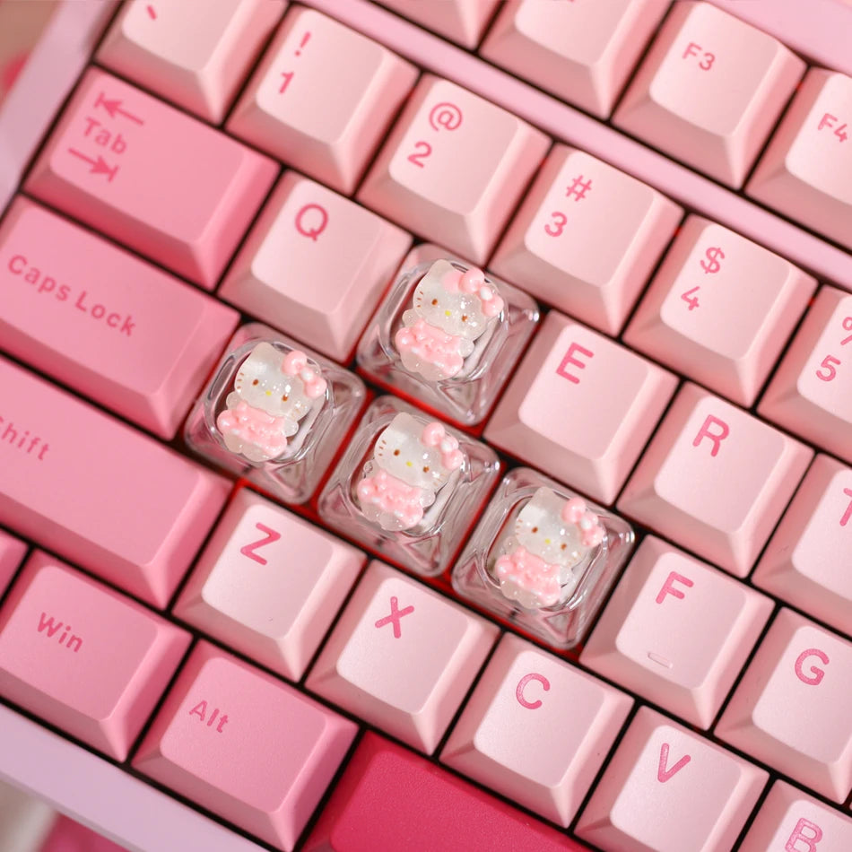 4pcs Transparent Hello Kitty Keycaps for Cherry Mx Switch Mechanical Gamer Keyboard Cute Backlit RGB Keycap Pink WASD Key Caps