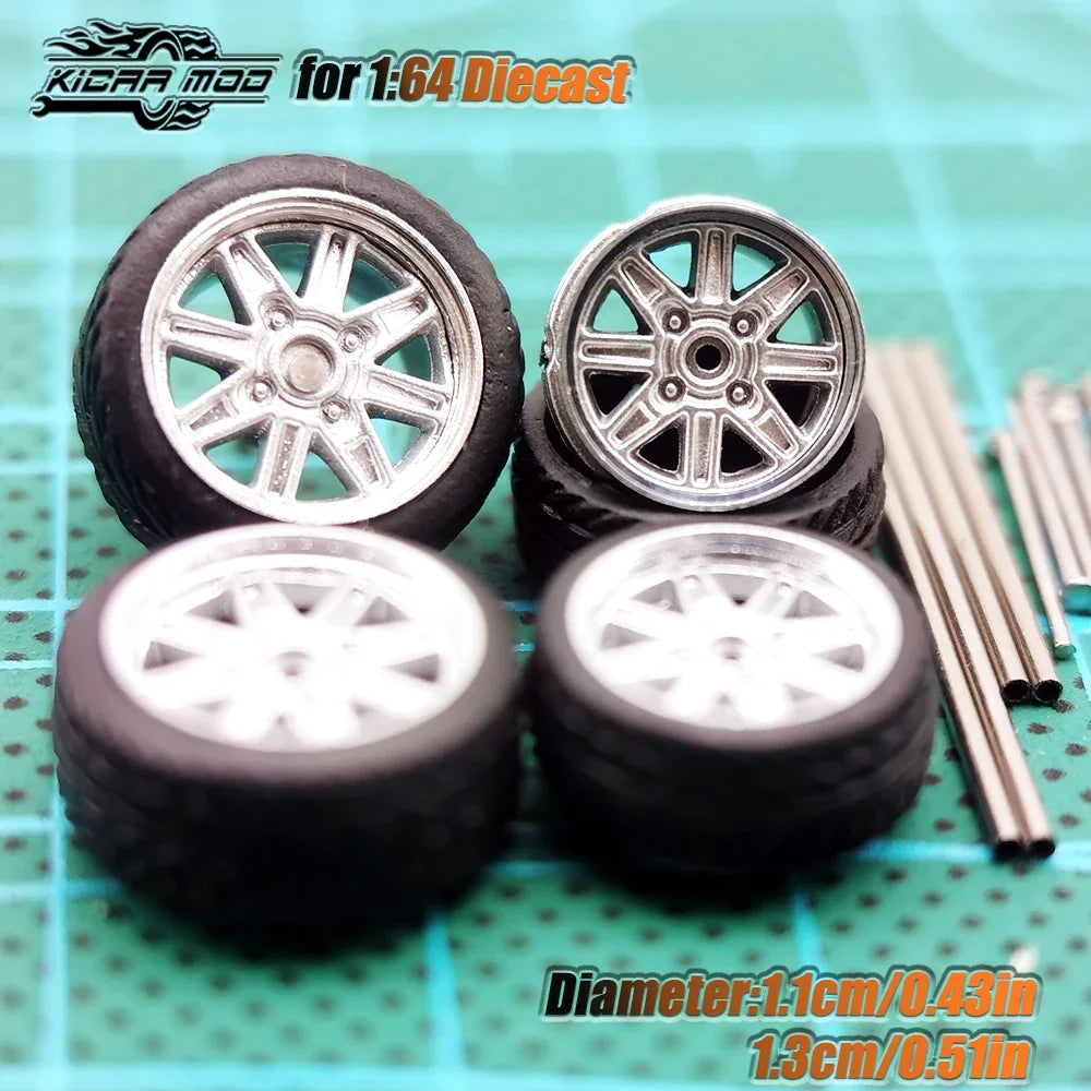 Kicarmod 1/64 Model Car ABS Wheels with Rubber Tire Metal Rims Front Small Rear Large Refitting Parts For Model Car
