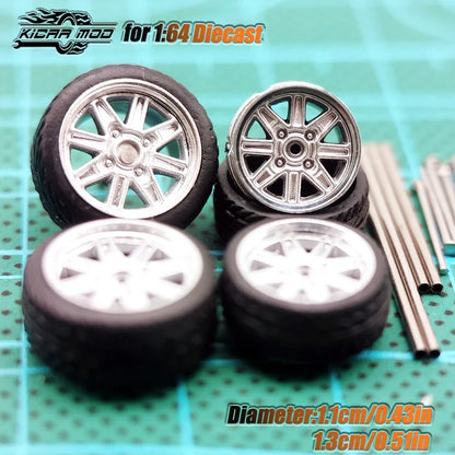 Kicarmod 1/64 Model Car ABS Wheels with Rubber Tire Metal Rims Front Small Rear Large Refitting Parts For Model Car