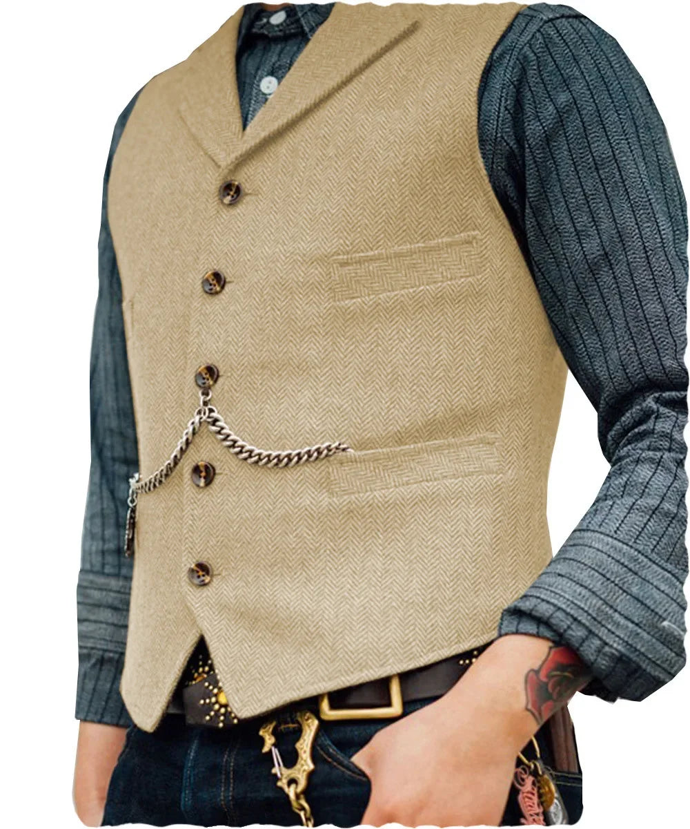 Wool Tweed Men's Suits Vest for Groomsmen Wedding Lapel Casual Slim Business Vests Sleeveless Waistcoat Male Gilet Homme Vests
