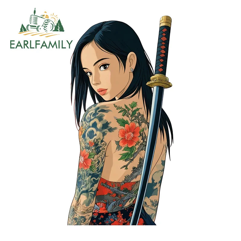 EARLFAMILY Tattooed Geisha Motorcycle Stickers Character Campervan Rear Windshield Decal Simple Practical Sunscreen DIY Car Body