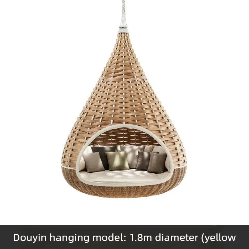 Outdoor Hanging Daybed Round Wicker Rattan Swing Bed Patio Garden Sofa Large Hammock Lounge Chair Waterproof Cushion