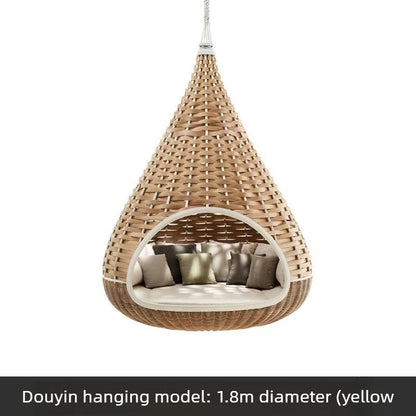 Outdoor Hanging Daybed Round Wicker Rattan Swing Bed Patio Garden Sofa Large Hammock Lounge Chair Waterproof Cushion
