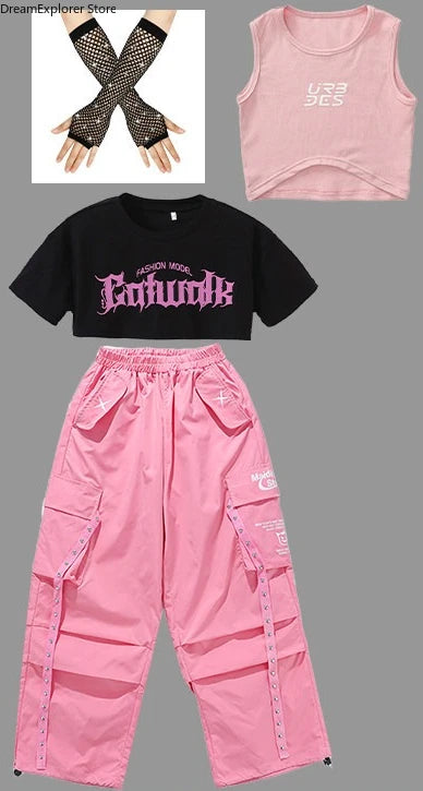 Girls K-pop Crop Top Street Dance Tiered Skirt Cargo Pants Children Costume Kids Hip Hop Streetwear Jazz Girl Group Clothes Sets