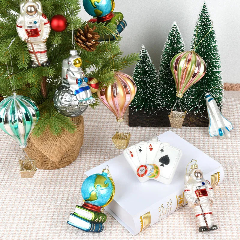 Christmas Decorations Creative Glass Painted Ornaments Astronaut Hot Air Balloon Globe Small Pendants Christmas Tree Hanging Decorations