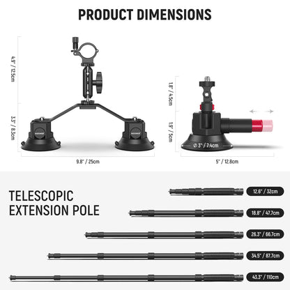 NEEWER Triple Suction Cup Car Mount Kit with Action Camera Adapter,2in1 Extension Pole Selfie Stick For GoPro Insta360 CA065