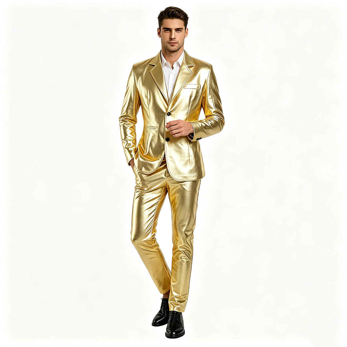 Men's Shiny Gold 2 Piece Suit, Metallic Blazer & Pants Set, Slim Fit Disco Party Stage Costume for DJ Club Prom Wedding