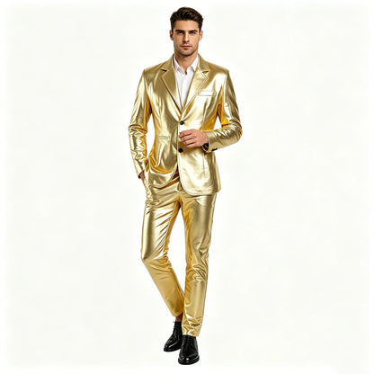 Men's Shiny Gold 2 Piece Suit, Metallic Blazer & Pants Set, Slim Fit Disco Party Stage Costume for DJ Club Prom Wedding