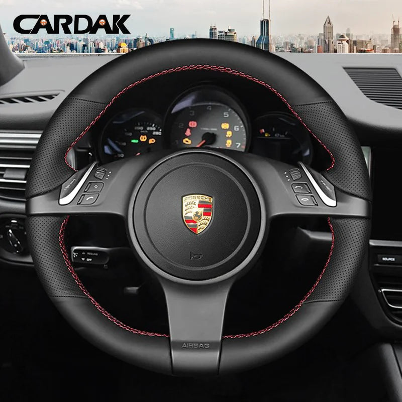 Full Black Leather Car Steering Wheel Cover for Porsche 911 991 Boxster Cayman 981 Cayenne Panamera 2009-2016