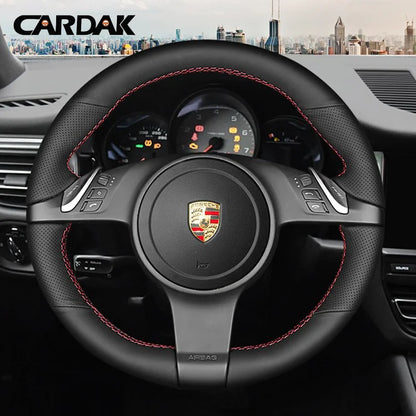 Full Black Leather Car Steering Wheel Cover for Porsche 911 991 Boxster Cayman 981 Cayenne Panamera 2009-2016