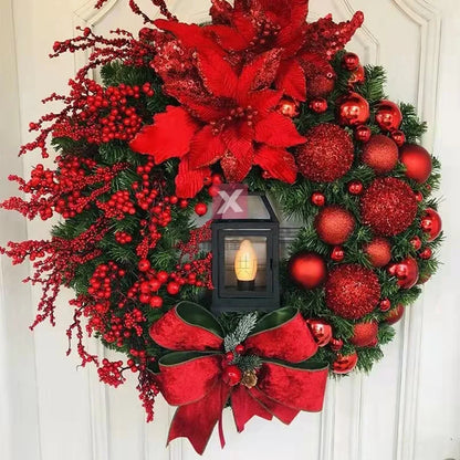45cm Red Wreath With Lamp For Front Door Red Ball Flower Garland Xmas Ornament Window Wall Hanging Decor Christmas Decorations