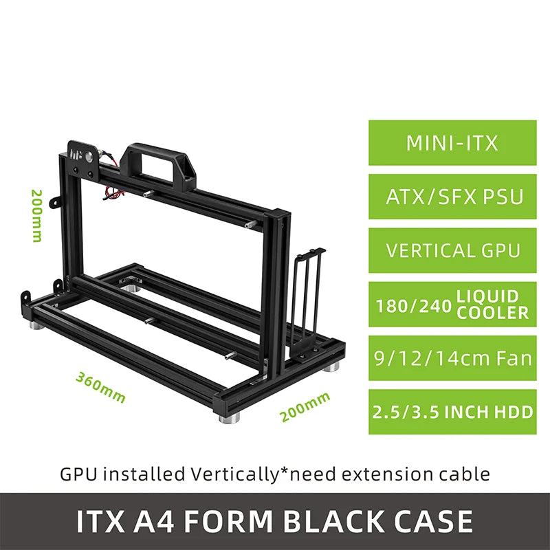 METALFISH ITX A4 Aluminum Open Frame Case, Vertical GPU, 240mm Cooler, Mini-ITX Compatible, DIY Gaming PC