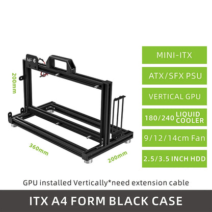 METALFISH ITX A4 Aluminum Open Frame Case, Vertical GPU, 240mm Cooler, Mini-ITX Compatible, DIY Gaming PC